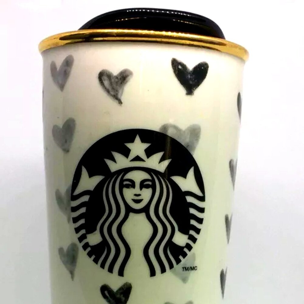 RARE 2014 Starbucks Dot Collection Monochromic Black Hearts Ceramic Travel Mug